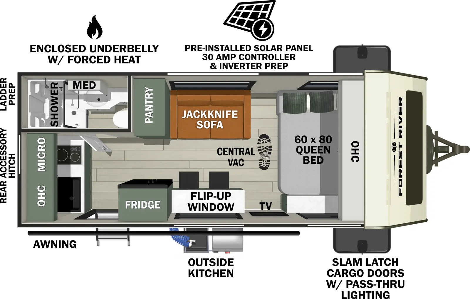 The No Boundaries NB18.2 (Coming Soon) has one entry and zero slide outs. Exterior features include: fiberglass exterior and outside kitchen. Interiors features include: front bedroom.